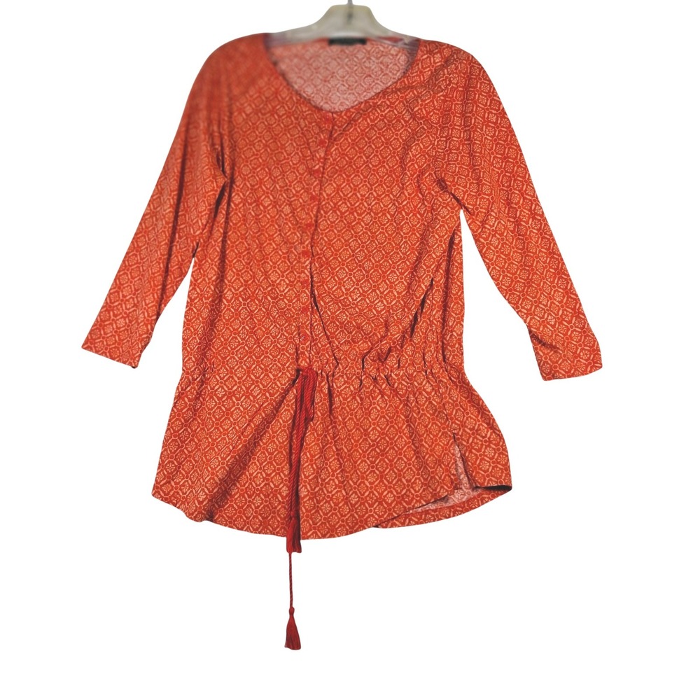 Lauren Ralph Lauren Orange Geometric Tassel Drawstring Tunic Top Womens L
